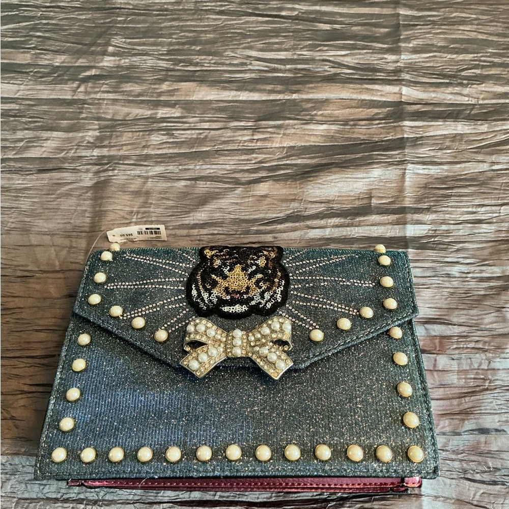 Aldo Blue Clutch with Studded Embellishments and Bow Detail